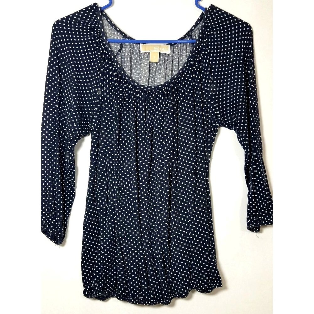 Michael Kors Womens shirt size Small navy blue polkadot blouse top peasant style